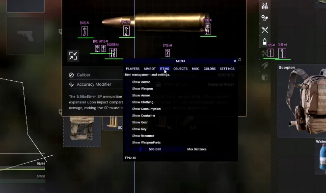 Gray Zone Warfare cheats mod menu with item ESP toggles